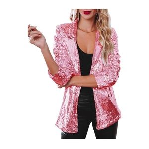 Pink Sequin Jacket Glitter Sparkle Open Front Casual Long Sleeve Blazer Coat 2XL